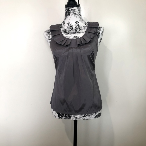 CUE Metallic Frill Tank Top Steel Grey Sleeveless Scoop Neck Ruffle Pleat Size 6 - Picture 4 of 15